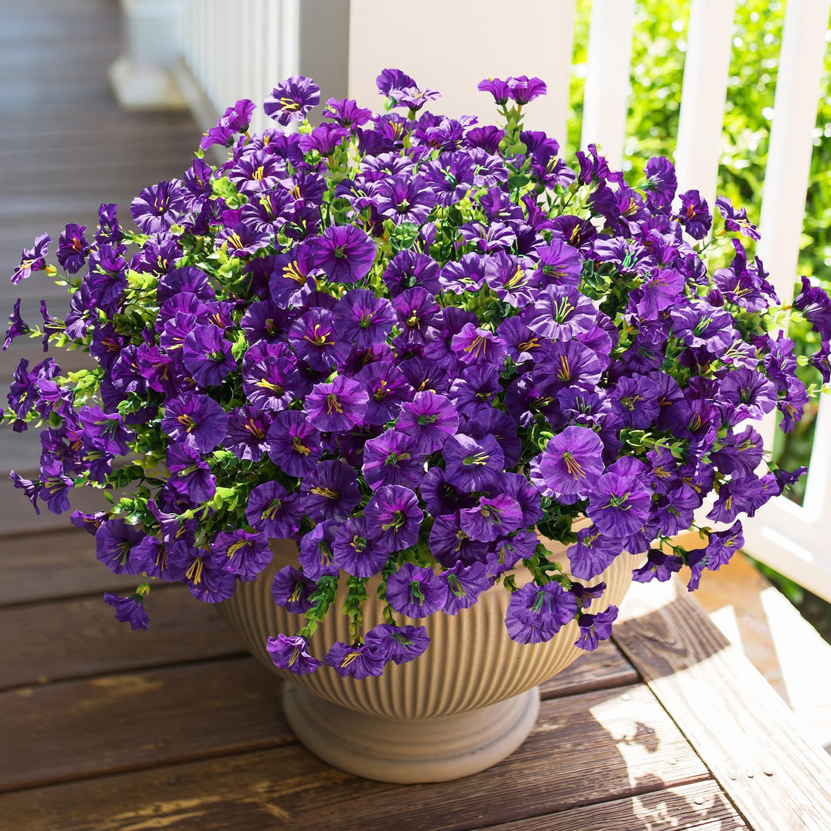 HyeFlora Artificial Flowers for Outdoors Fake Plants Outside Decoration, 12 Bundles Silk Colorful Morning Glory with Eucalyptus UV Resistant Realistic Faux Flowers for Planter Front Door Garden Yard