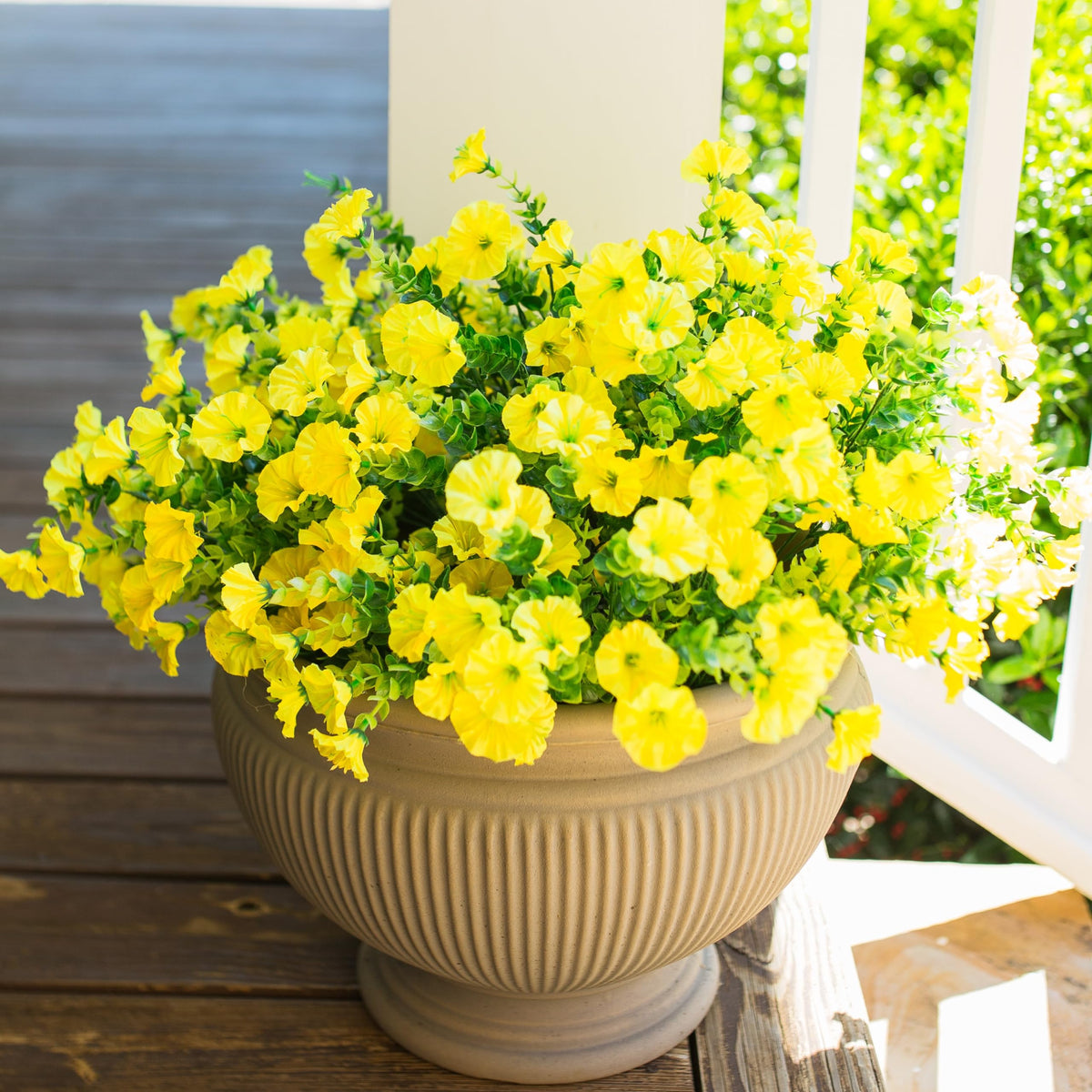 HyeFlora Artificial Flowers for Outdoors Fake Plants Outside Decoration, 12 Bundles Silk Colorful Morning Glory with Eucalyptus UV Resistant Realistic Faux Flowers for Planter Front Door Garden Yard