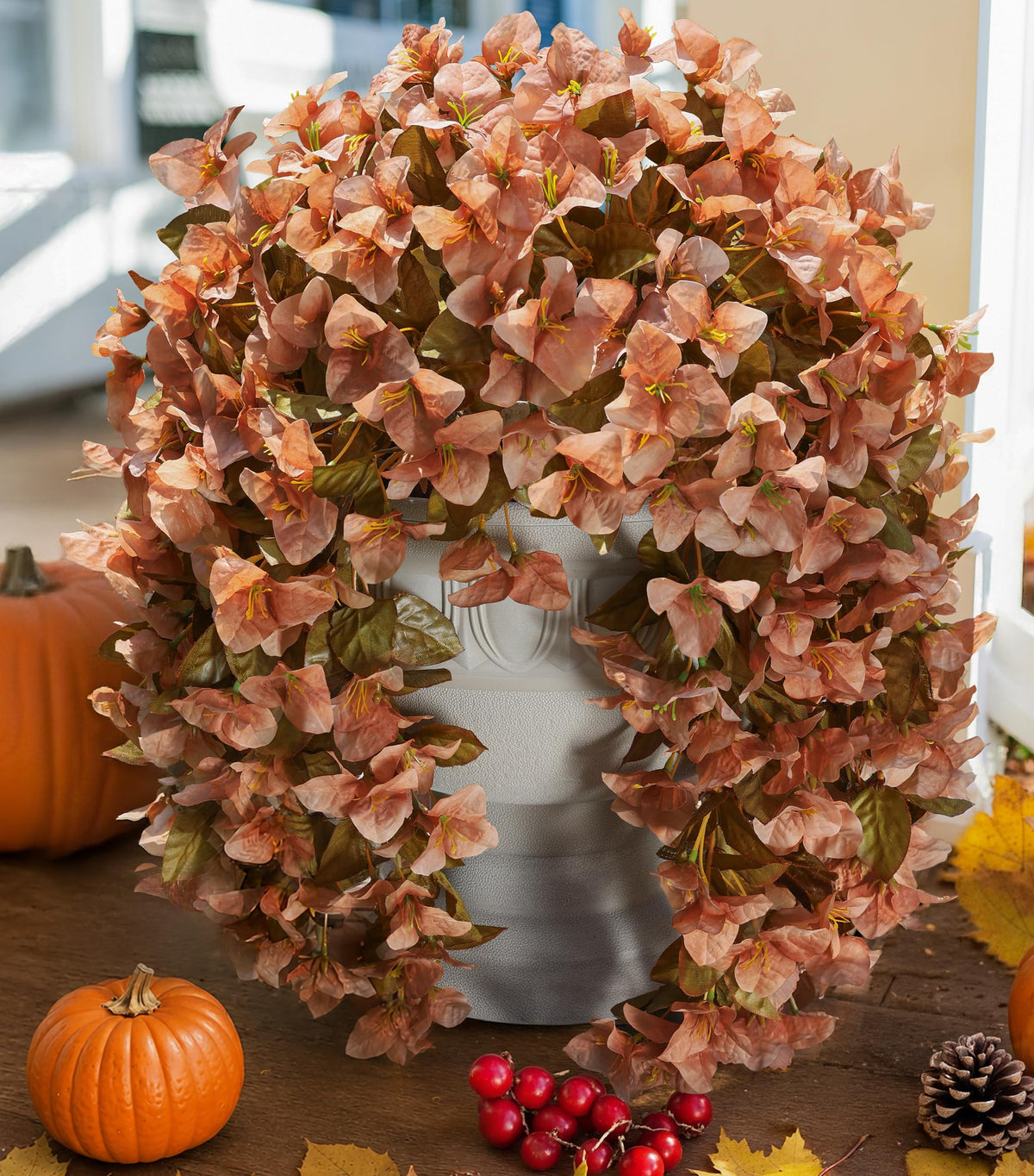 Artificial Bougainvillea Faux Flowers Plants for Outdoors Outside Fall Autumn Decor, 2 PCS Silk Trailing Vines UV Resistant Realistic Orange Fake Flowers for Planter Front Door Porch Patio Balcony