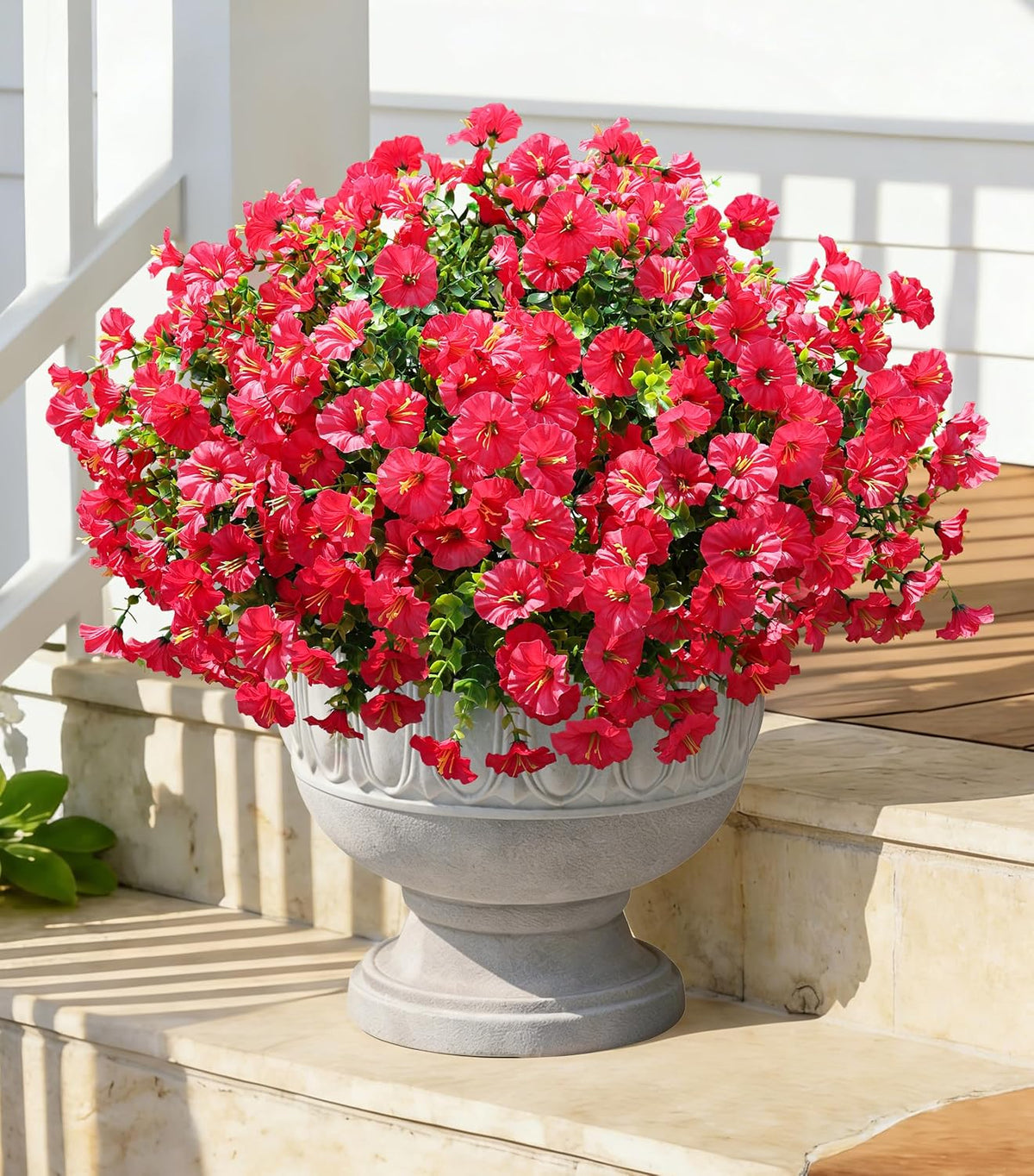 Fake Plants Artificial Flowers for Outdoor Outside Decor, 12 Bundles Faux Flowers Silk Hot Pink Morning Glory with Eucalyptus Look Real UV Resistant Faux Greenery for Planter Front Door Porch Patio