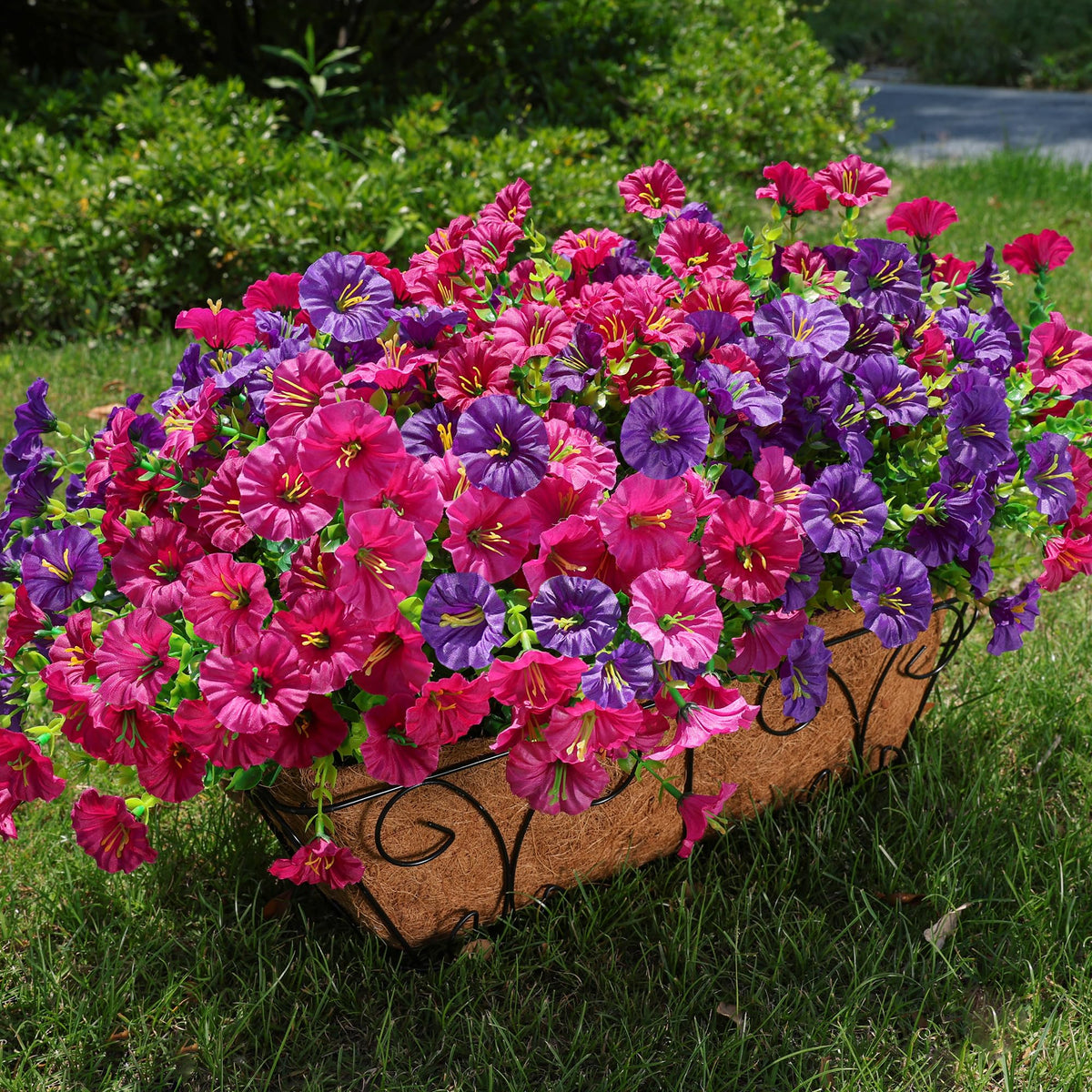 HyeFlora Artificial Flowers for Outdoors Fake Plants Outside Decoration, 12 Bundles Silk Colorful Morning Glory with Eucalyptus UV Resistant Realistic Faux Flowers for Planter Front Door Garden Yard