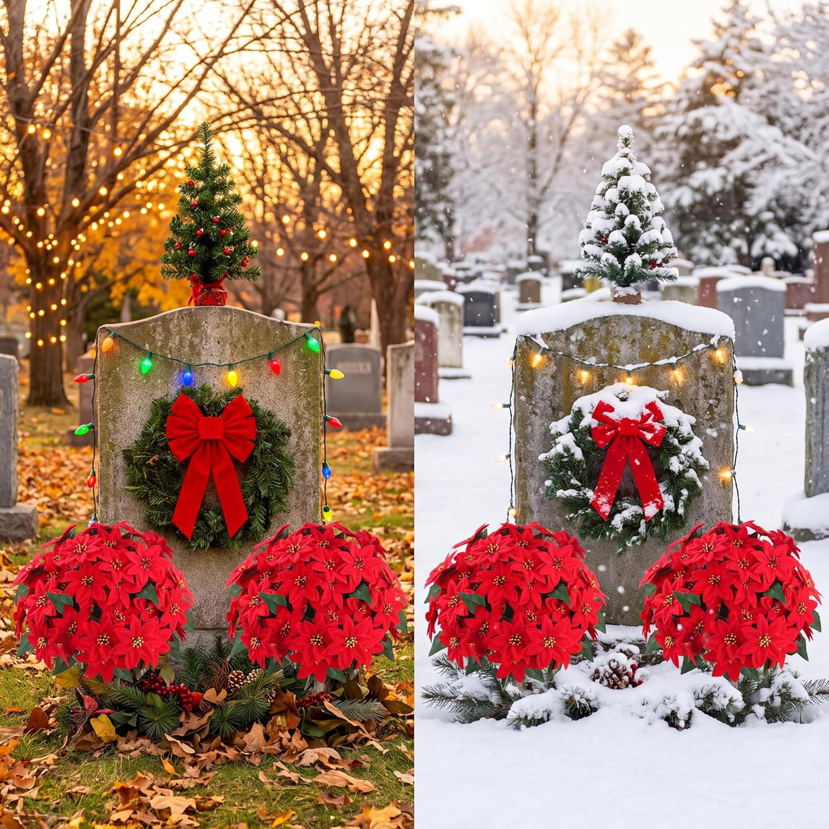 Sggvecsy Artificial Poinsettia Flowers 2 Pack for Grave Christmas with Pike