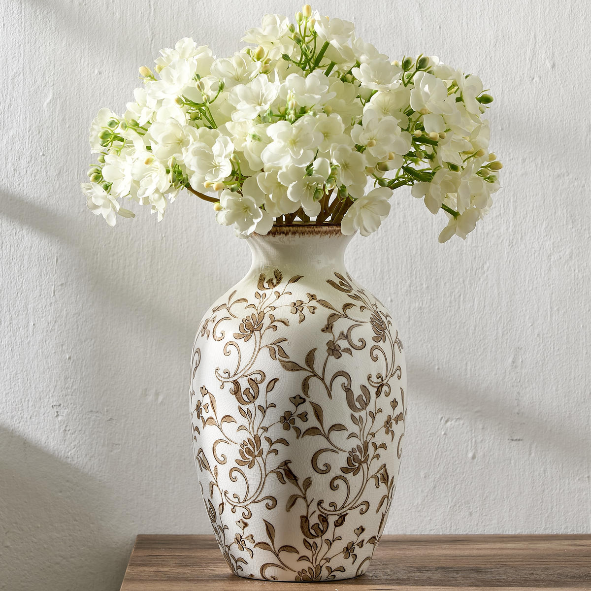 Large Ceramic Rustic Flower Vase, 10.43 Inch Tall Vintage Pottery Home Decor, Antique Farmhouse Terracotta Vase for Living Room, Table, Shelf, Mantel Decoration, Farmhouse - Cream-White
