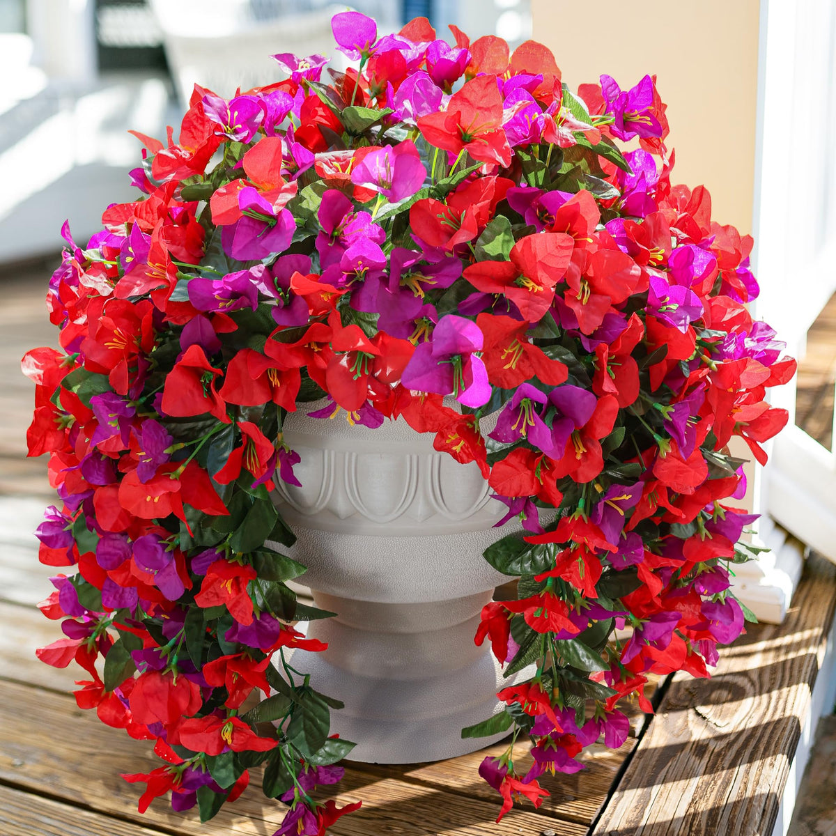 Bougainvillea Artificial Flowers for Outdoors Fake Plants Fall Autumn Decor, 2 pcs Faux Long Trailing Vines UV Resistant Look Real Red Silk Flowers for Outside Planter Front Door Porch Urn Yard Patio