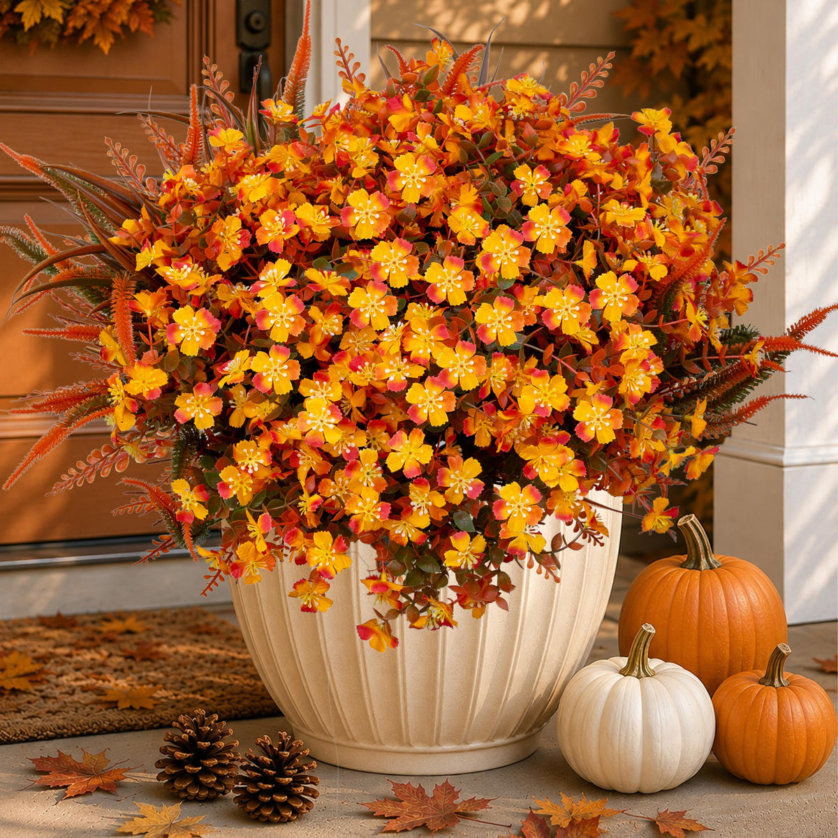AXYLEX Artificial Fall Flowers Outdoor Fake Mums Brown Orange Yellow