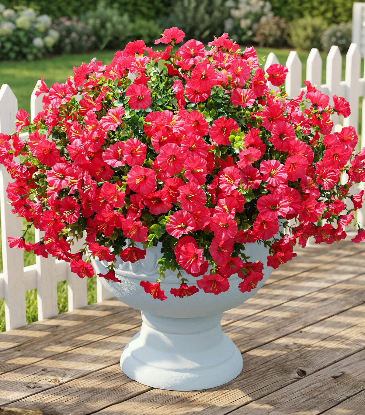 Fake Plants Artificial Flowers for Outdoor Outside Decor, 12 Bundles Faux Flowers Silk Hot Pink Morning Glory with Eucalyptus Look Real UV Resistant Faux Greenery for Planter Front Door Porch Patio