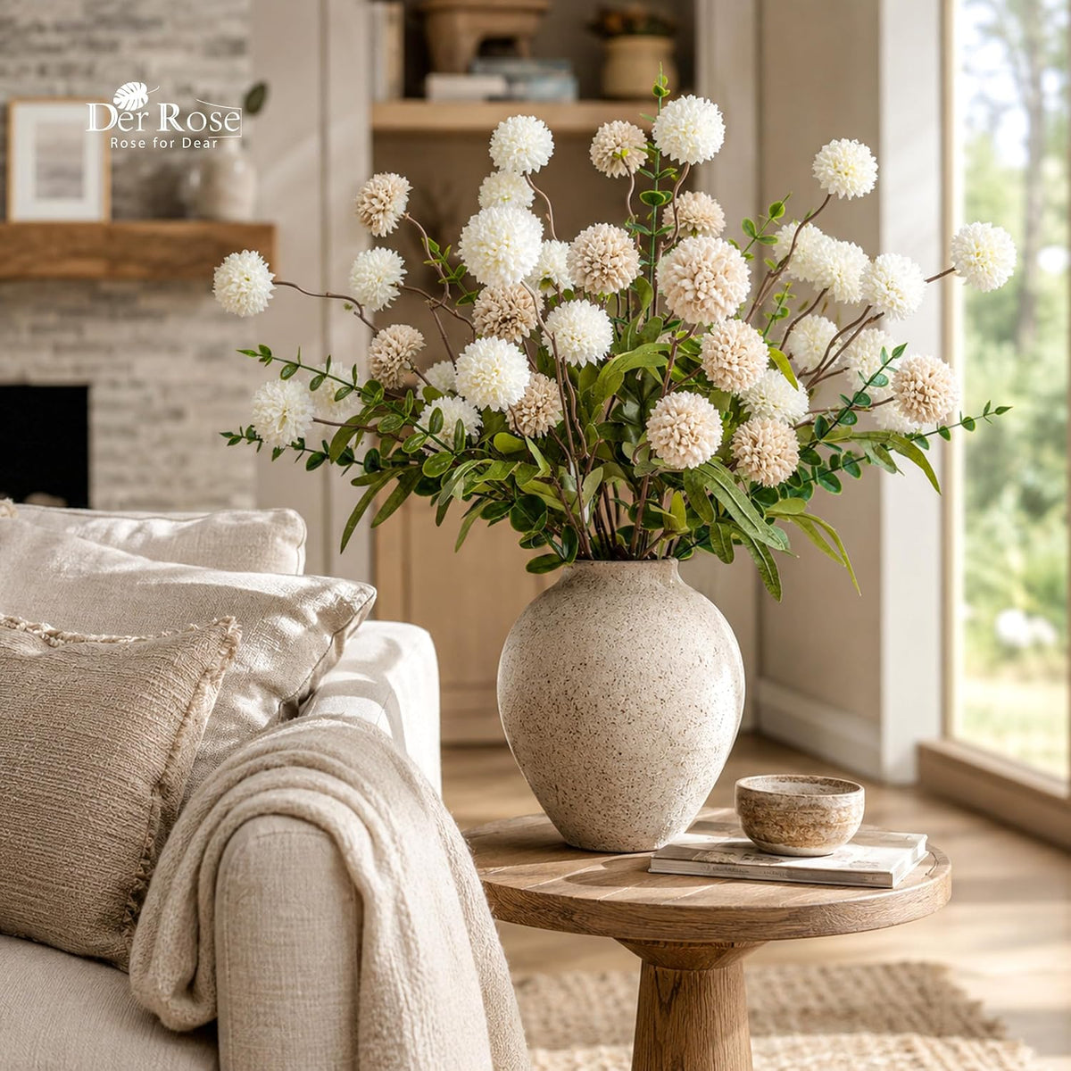 Der Rose 18Pcs Fake Flowers White Blooms and Eucalyptus for Spring Decor
