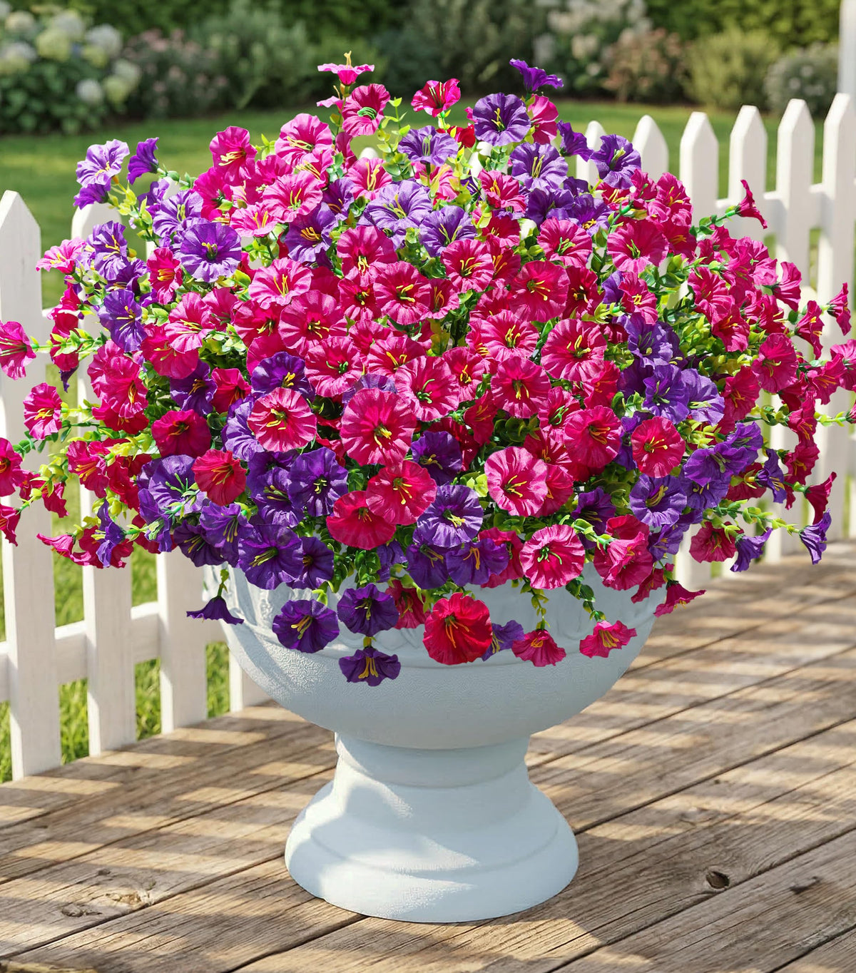 Fake Plants Artificial Flowers for Outdoor Outside Decor, 12 Bundles Faux Flowers Silk Hot Pink Morning Glory with Eucalyptus Look Real UV Resistant Faux Greenery for Planter Front Door Porch Patio