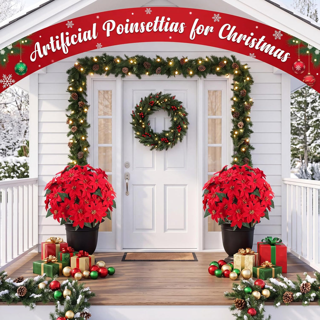 Sggvecsy Artificial Poinsettia Flowers 2 Pack for Grave Christmas with Pike