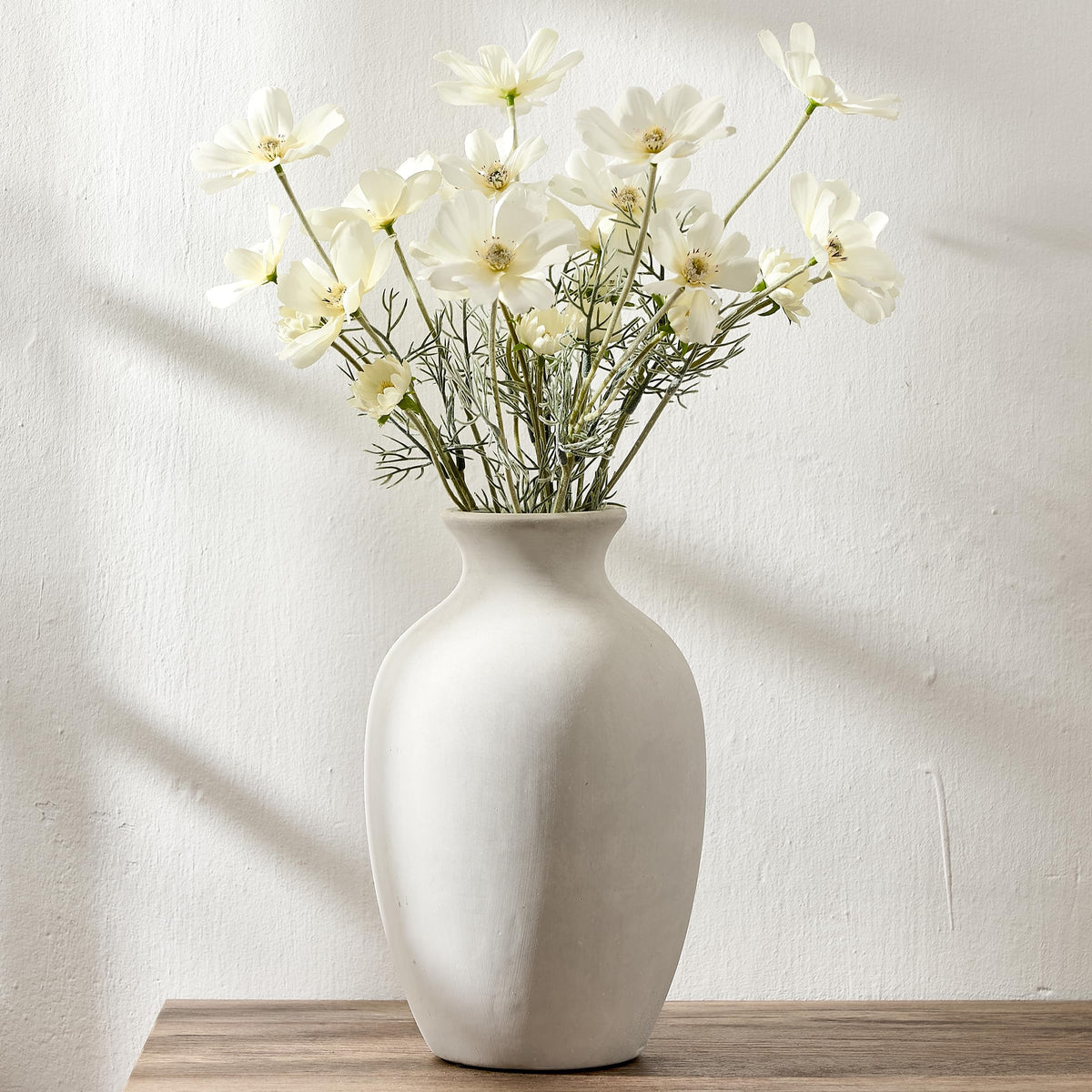Large Ceramic Rustic Flower Vase, 10.43 Inch Tall Vintage Pottery Home Decor, Antique Farmhouse Terracotta Vase for Living Room, Table, Shelf, Mantel Decoration, Farmhouse - Cream-White