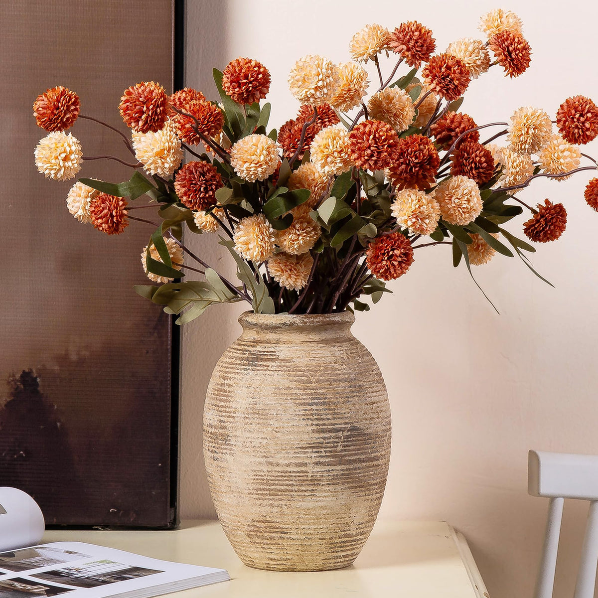 Ceramic Flower Vase, 7.4 Inch Rustic Farmhouse Pottery Decor