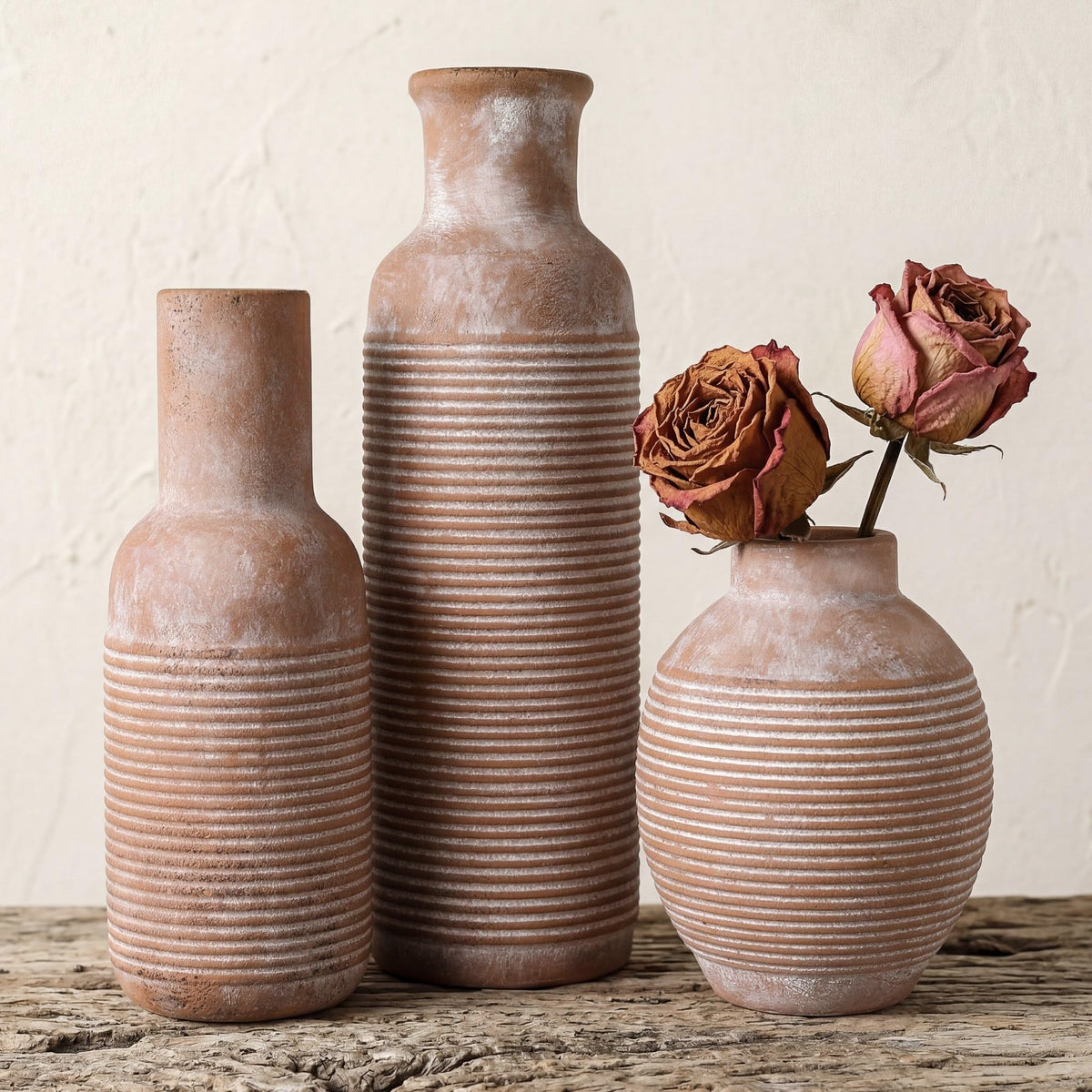 Rustic Farmhouse Vase Set of 3 - Ceramic Decorative Vases Home Decor - Pampas Grass Dried Fresh Flowers - for Centerpiece, Table, Mantel Entryway, Kitchen, Bedroom (White2)