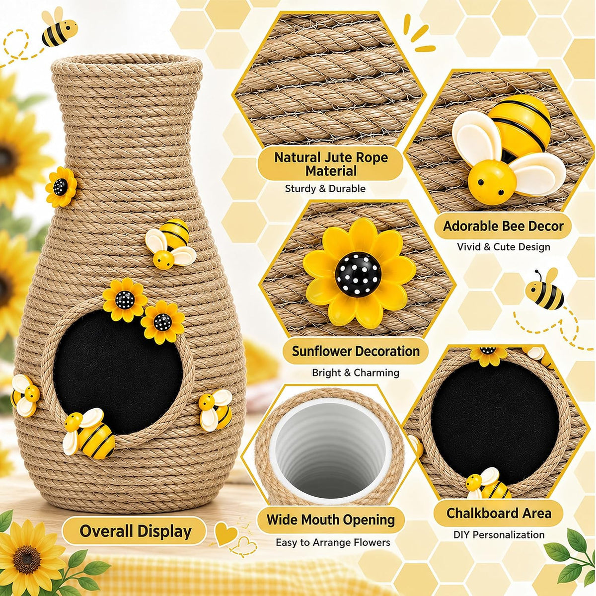 2 Pcs 8 in Honeybee Vase Decor, Rustic Jute Rope Bee Hive Centerpieces
