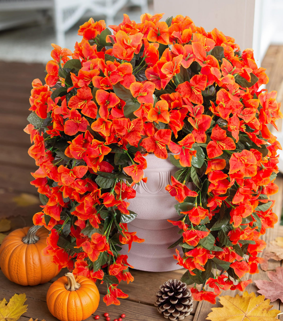 Bougainvillea Artificial Flowers for Outdoors Fake Plants Fall Autumn Decor, 2 pcs Faux Long Trailing Vines UV Resistant Look Real Red Silk Flowers for Outside Planter Front Door Porch Urn Yard Patio