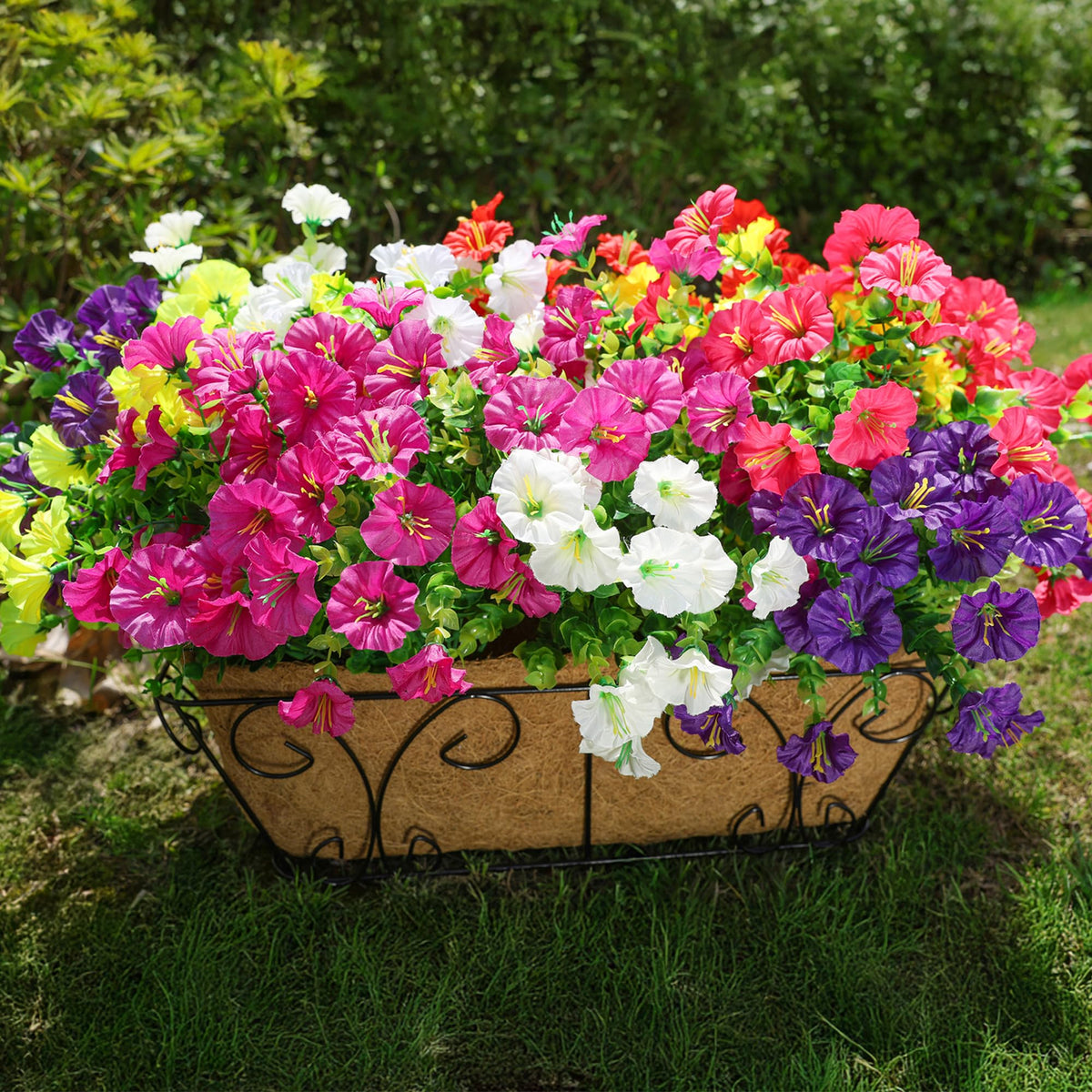 HyeFlora Artificial Flowers for Outdoors Fake Plants Outside Decoration, 12 Bundles Silk Colorful Morning Glory with Eucalyptus UV Resistant Realistic Faux Flowers for Planter Front Door Garden Yard
