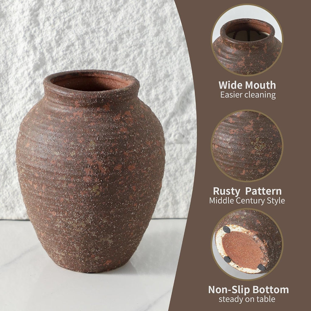 Ceramic Flower Vase, 7.4 Inch Rustic Farmhouse Pottery Decor