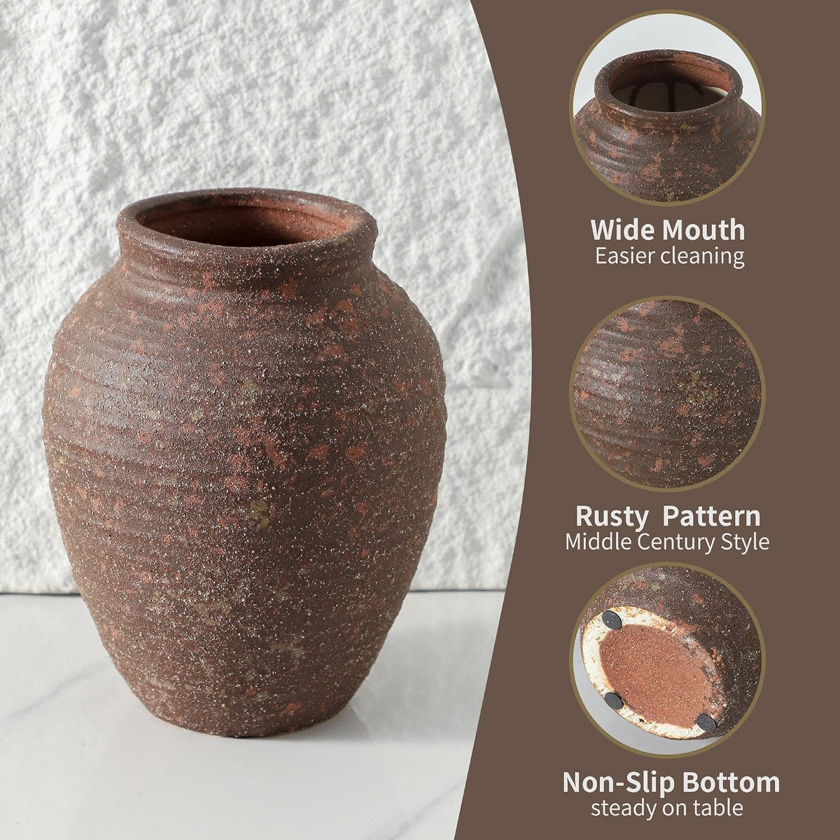 Ceramic Flower Vase, 7.4 Inch Rustic Farmhouse Pottery Decor
