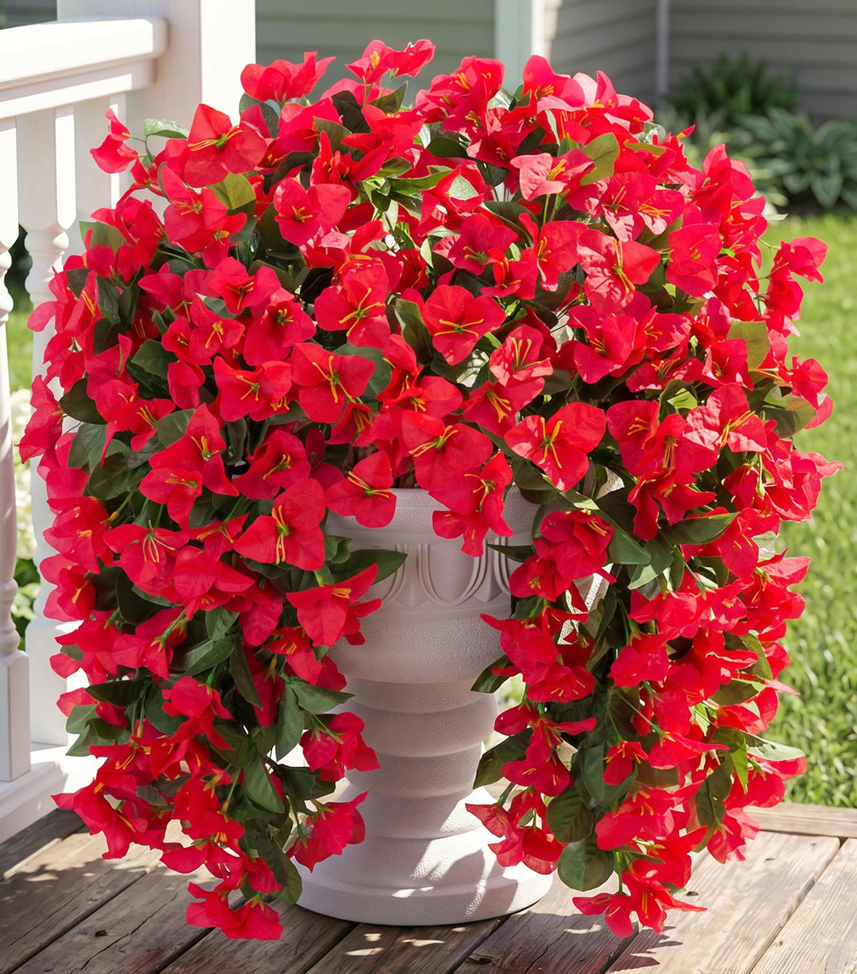 Bougainvillea Artificial Flowers for Outdoors Fake Plants Fall Autumn Decor, 2 pcs Faux Long Trailing Vines UV Resistant Look Real Red Silk Flowers for Outside Planter Front Door Porch Urn Yard Patio