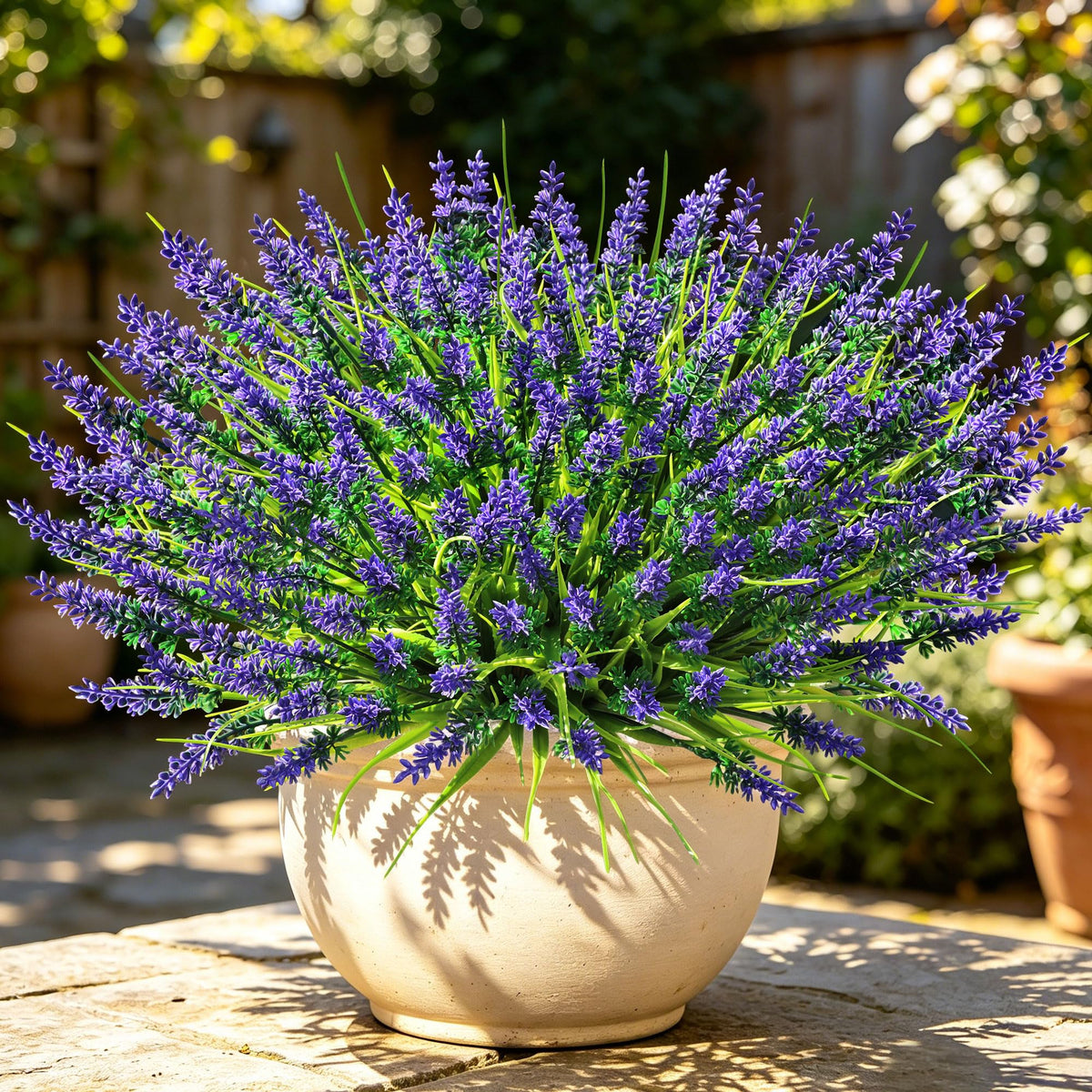 12 Bundles Faux Outdoor Plants, UV Resistant Artificial Fake Lavender Flowers with Monkey Grass for Outdoors, Realistic Faux Lavender Greenery Shrubs for Porch Yard Garden Window Box Home Decor