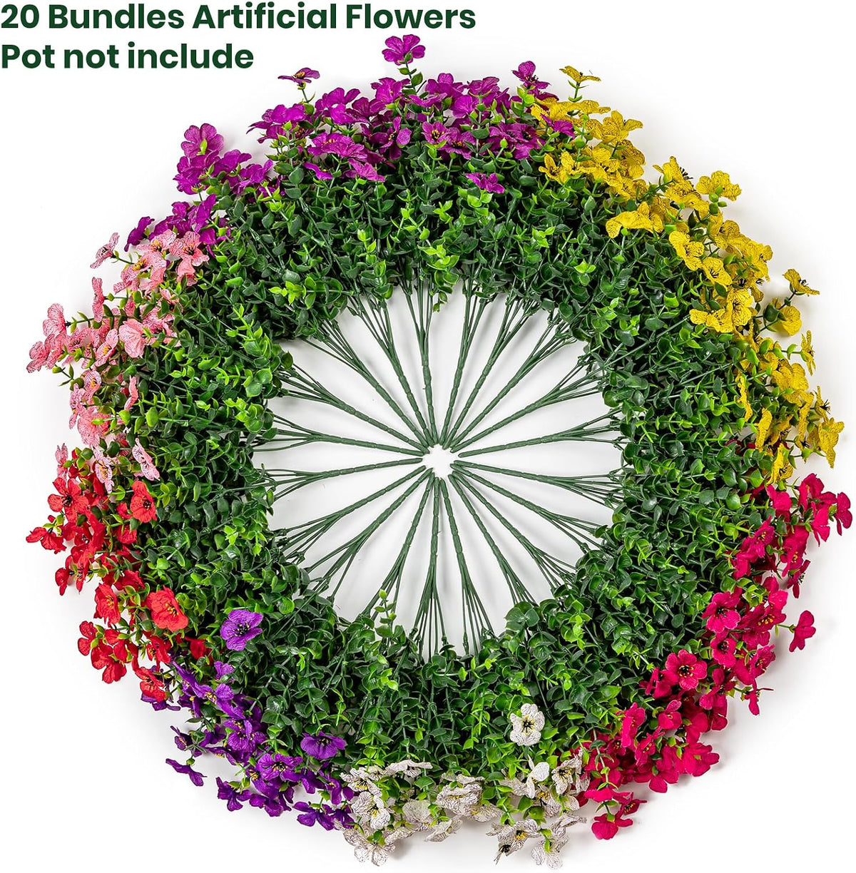 Lnoicy 20 Bundles Artificial Flowers for Outdoor Fake Plants for Spring Decoration,Faux Eucalyptus Flowers for Planter UV Resistant Lifelike for Home Porch Garden（7 Color）