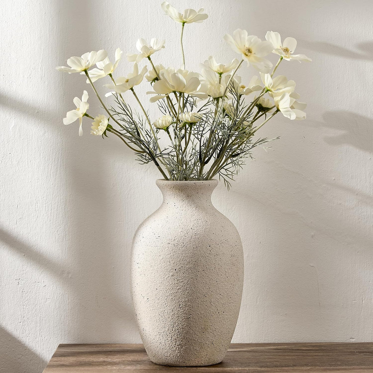 Large Ceramic Rustic Flower Vase, 10.43 Inch Tall Vintage Pottery Home Decor, Antique Farmhouse Terracotta Vase for Living Room, Table, Shelf, Mantel Decoration, Farmhouse - Cream-White