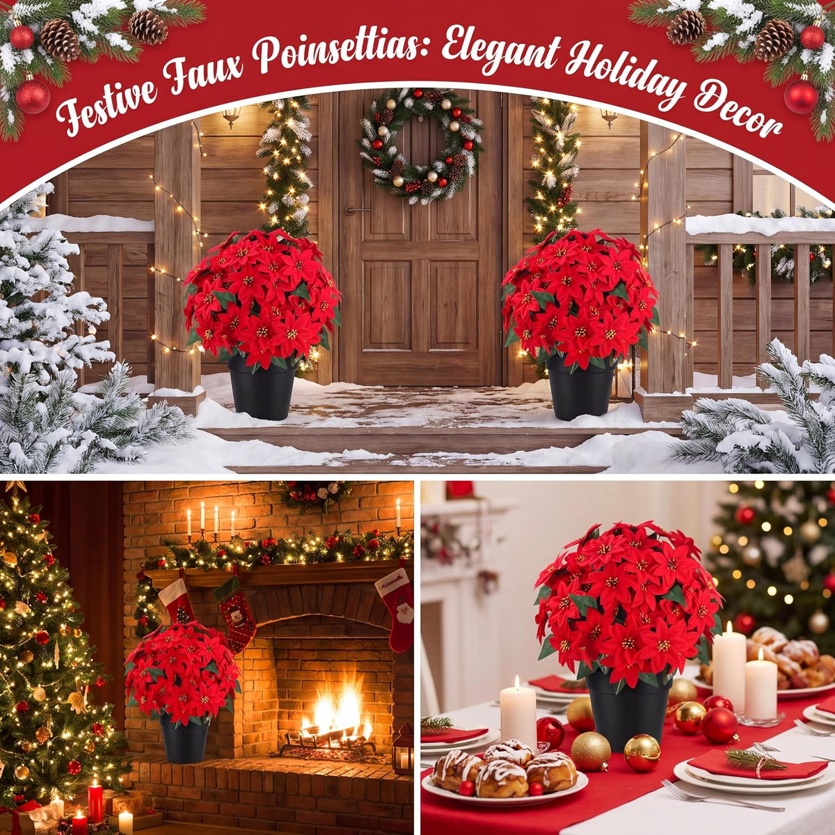 Sggvecsy Artificial Poinsettia Flowers 2 Pack for Grave Christmas with Pike