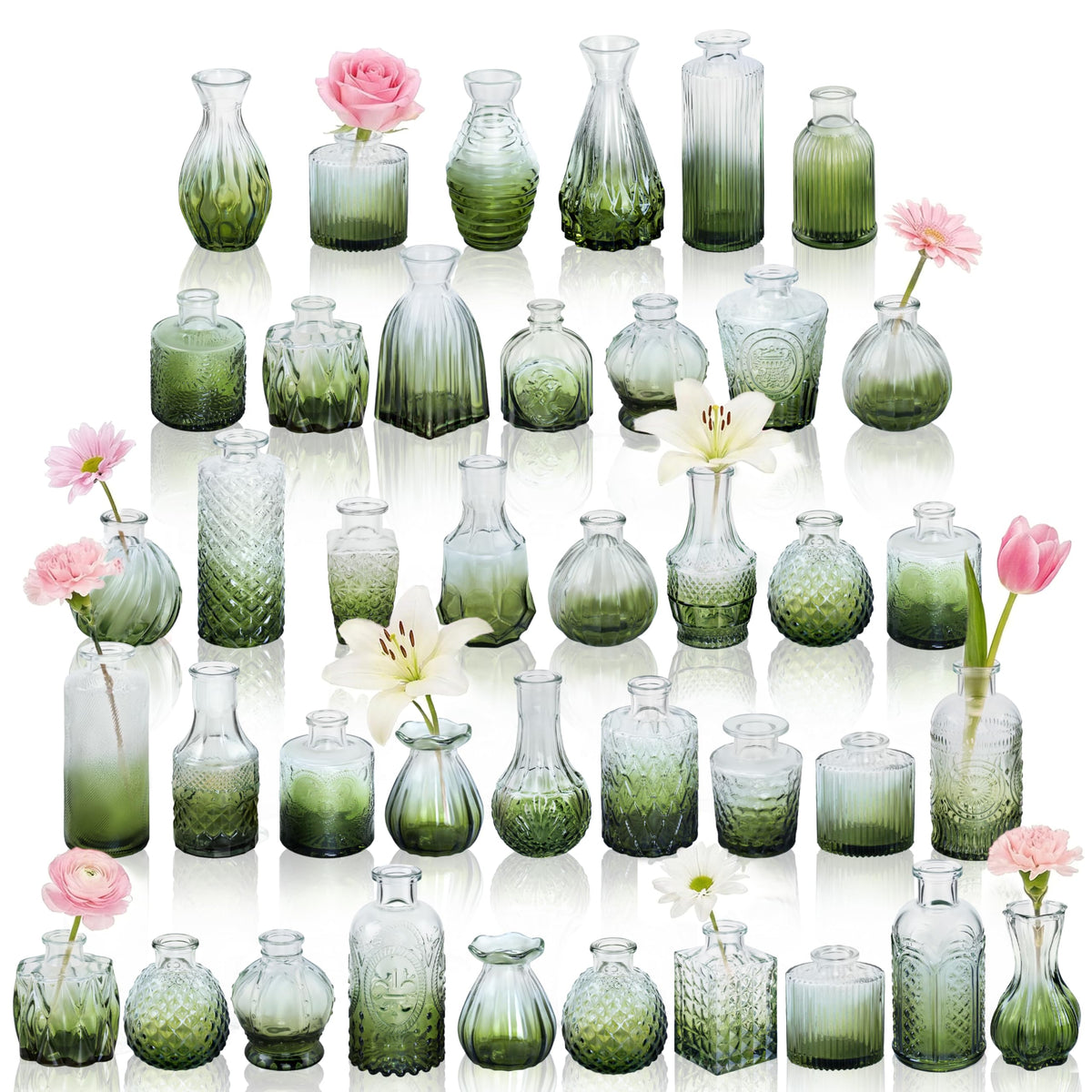 Glass Bud Vases in Bulk Small Mini Green Vase for Flowers 17pc
