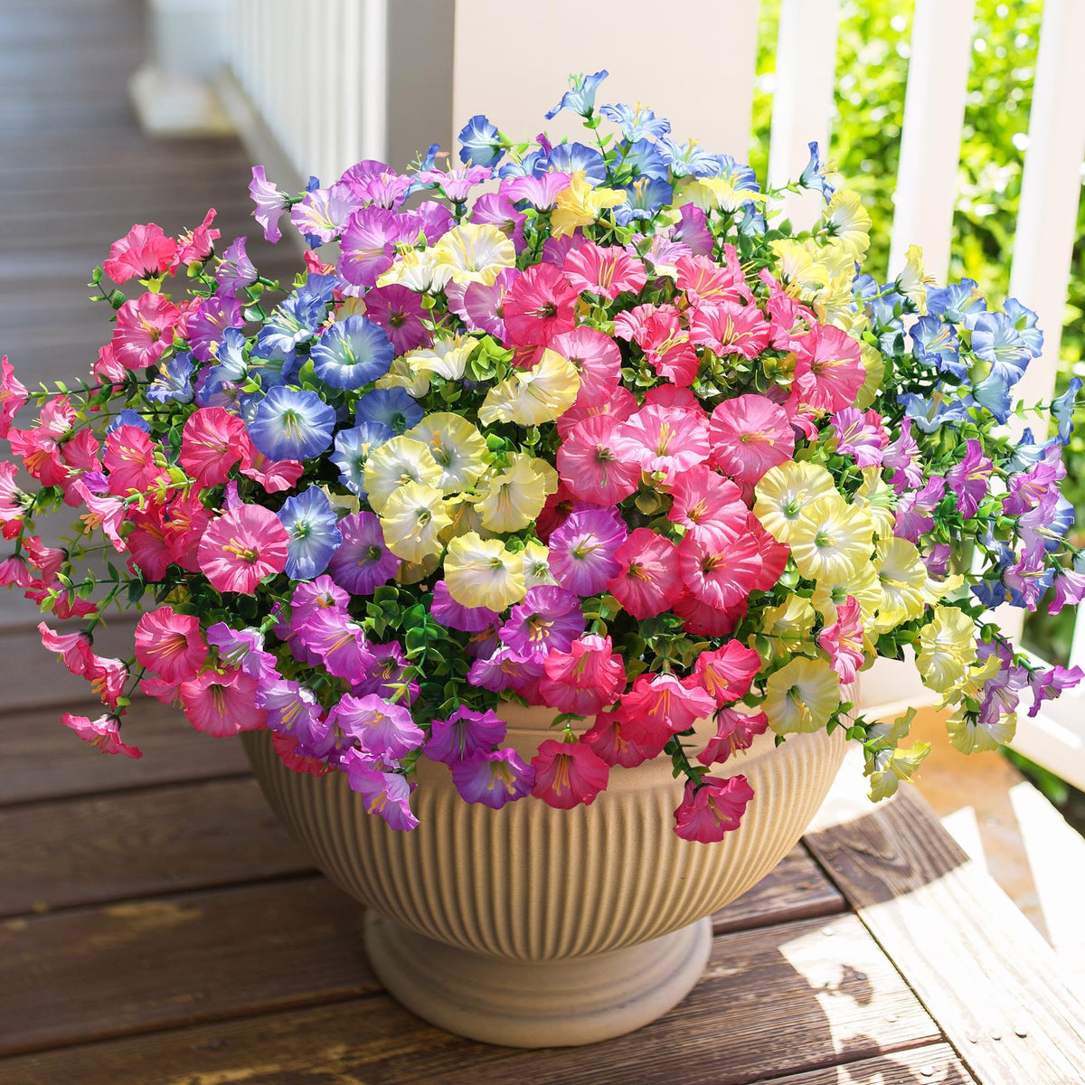 HyeFlora Artificial Flowers for Outdoors Fake Plants Outside Decoration, 12 Bundles Silk Colorful Morning Glory with Eucalyptus UV Resistant Realistic Faux Flowers for Planter Front Door Garden Yard