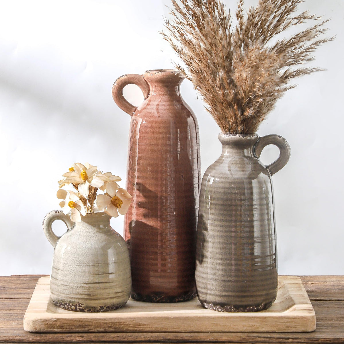 Ceramic Vase Set of 3, Rustic Neutral Vases Home Decor Farmhouse Decorative Flower Vase Modern Boho Pampass Vases for Table Mantel Entryway Shelf Living Room Kitchen Bathroom - Multicolor