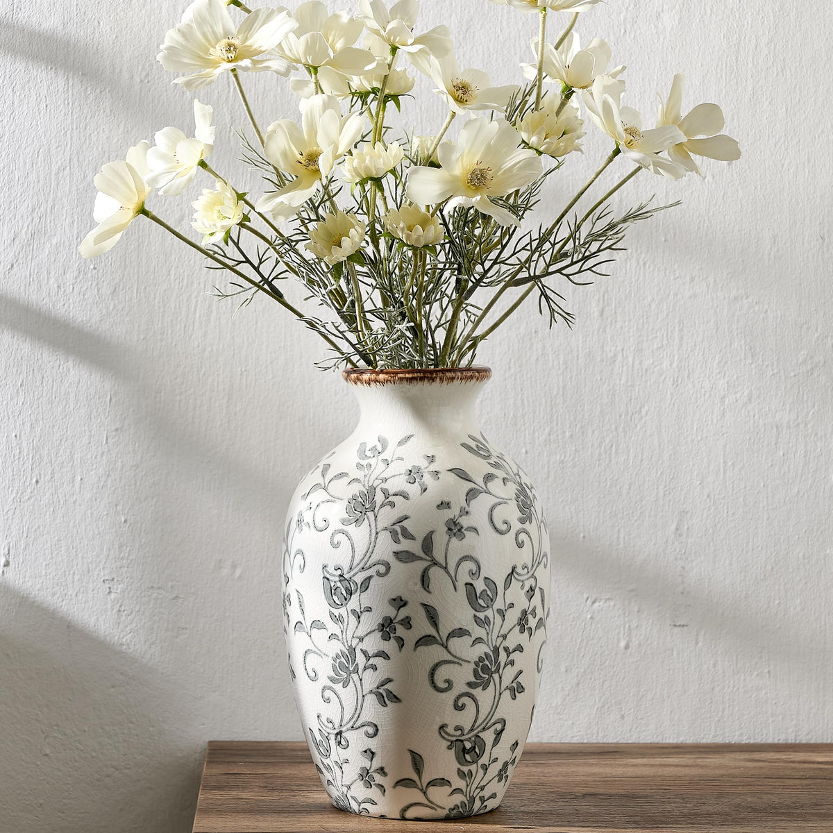 Large Ceramic Rustic Flower Vase, 10.43 Inch Tall Vintage Pottery Home Decor, Antique Farmhouse Terracotta Vase for Living Room, Table, Shelf, Mantel Decoration, Farmhouse - Cream-White