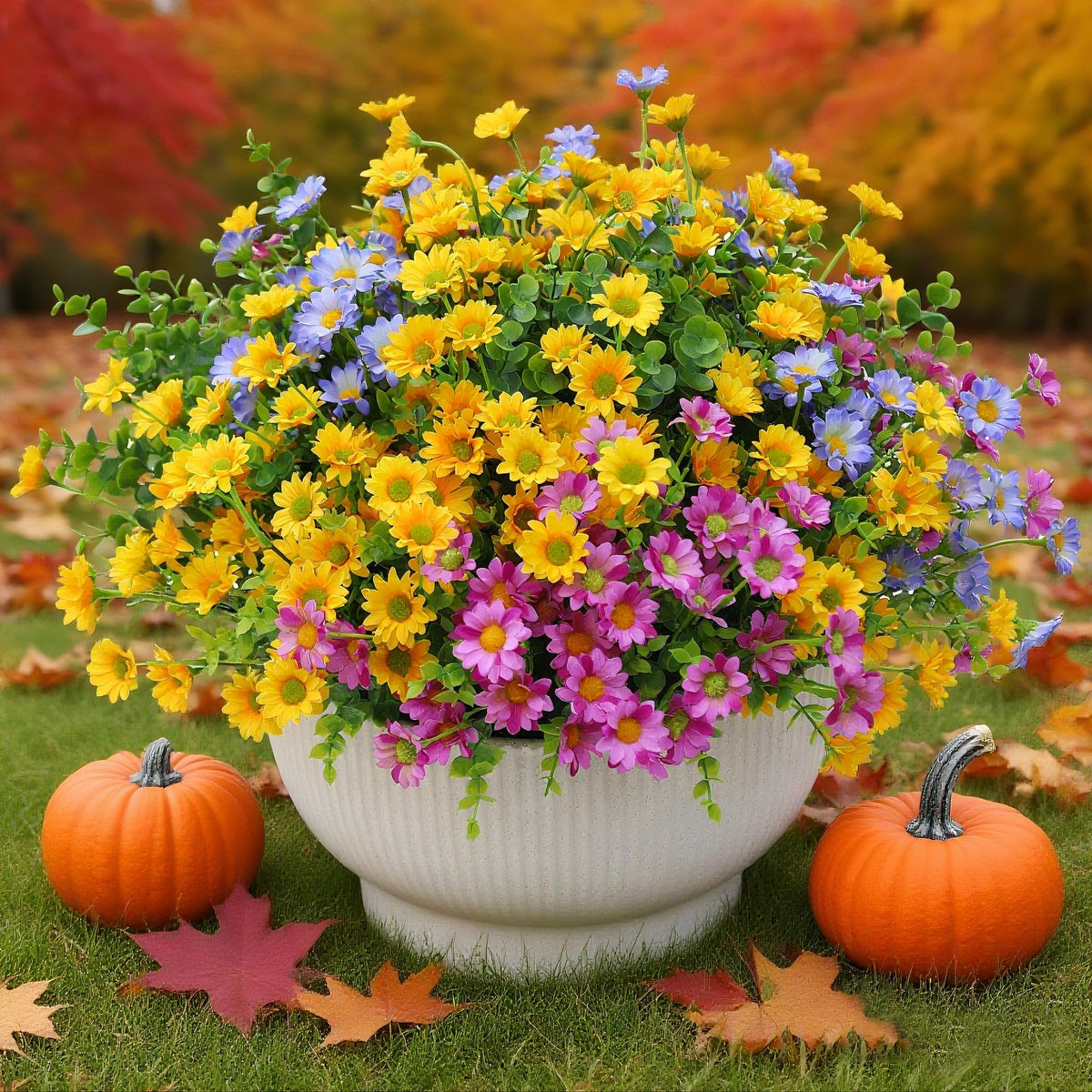 alyptus Fake Flowers Yellow Fall Flowers for Outdoors - 8 Bundles Artificial Mums UV Resistant for Home Garden Window Fall Decor