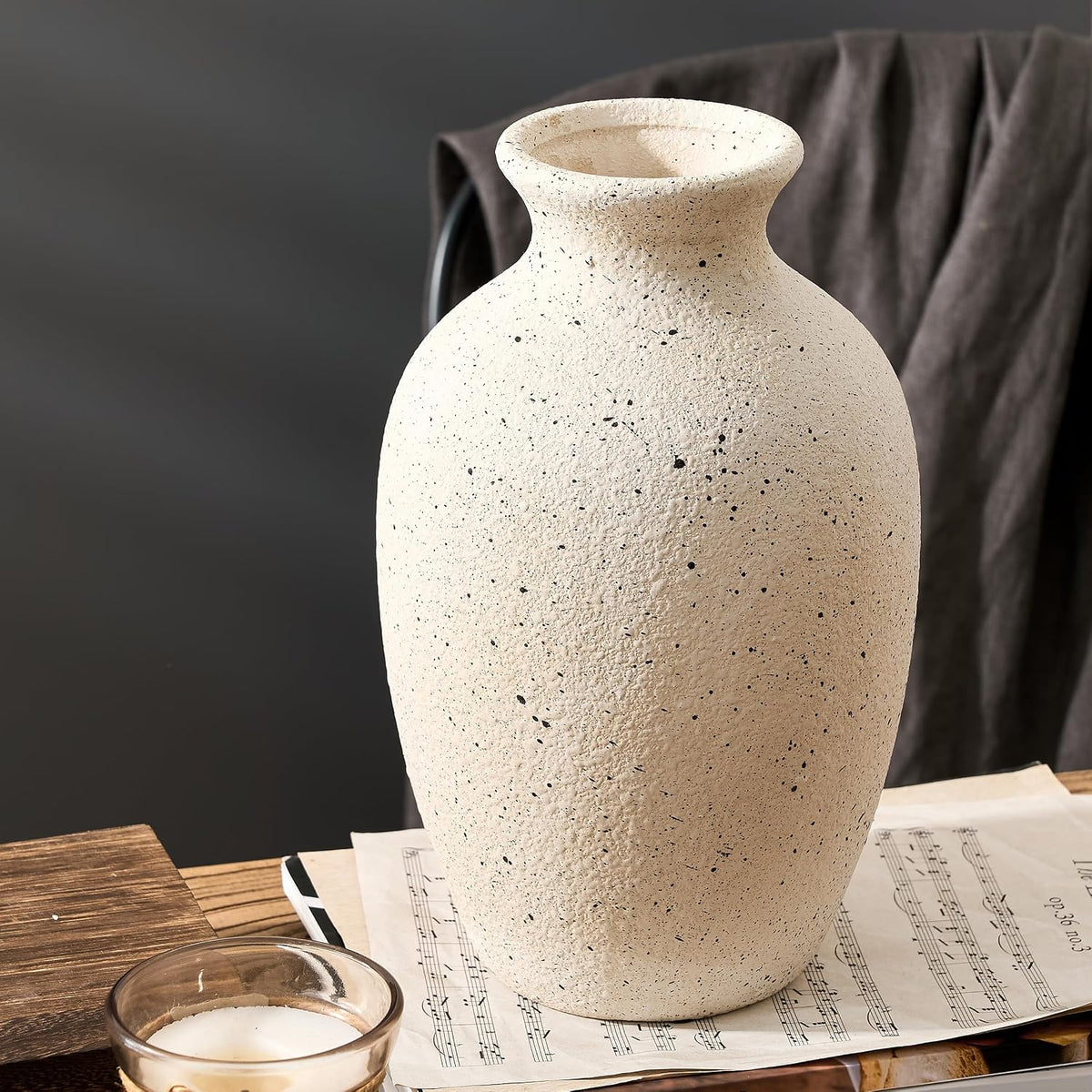 Large Ceramic Rustic Flower Vase, 10.43 Inch Tall Vintage Pottery Home Decor, Antique Farmhouse Terracotta Vase for Living Room, Table, Shelf, Mantel Decoration, Farmhouse - Cream-White