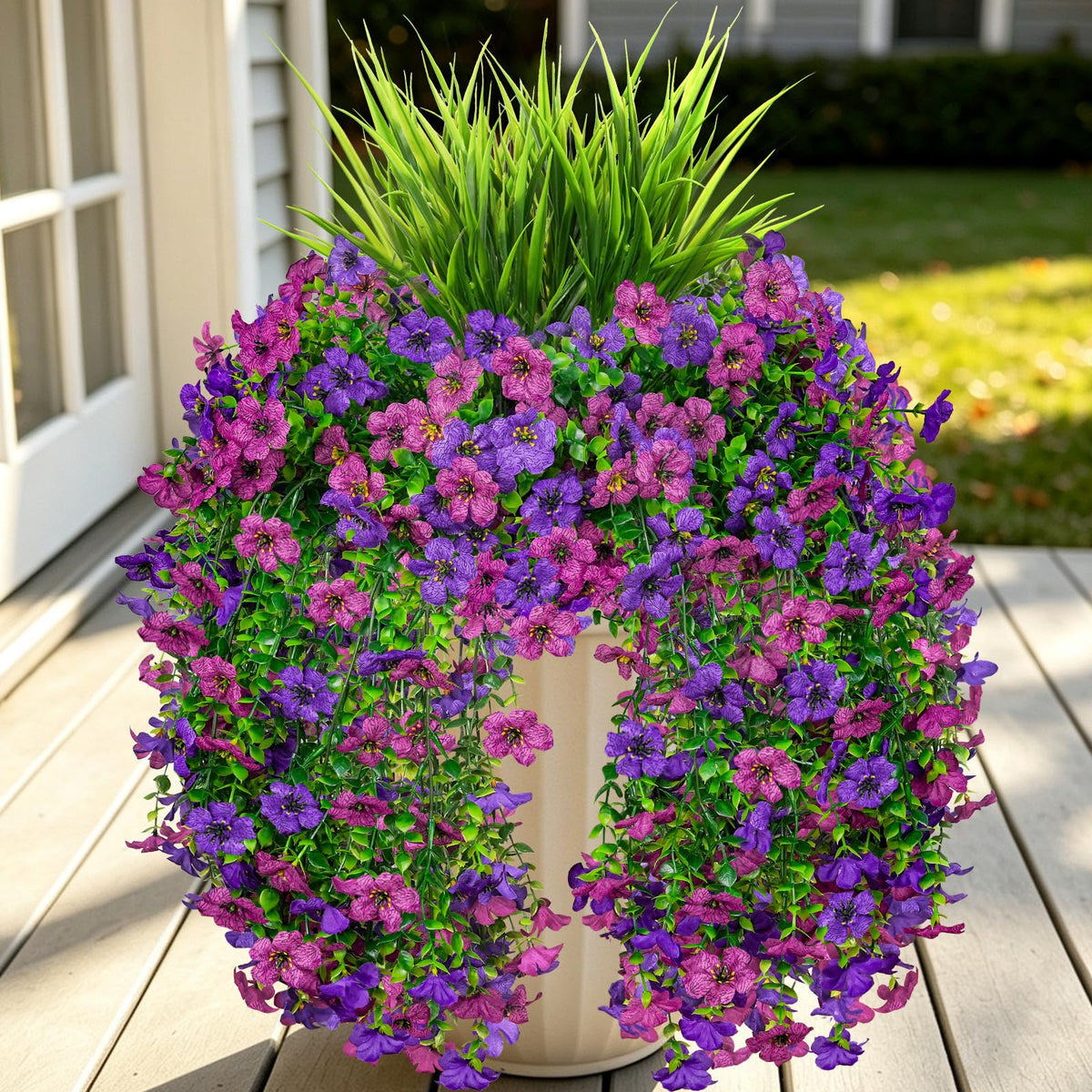7PCS Artificial Fall Hanging Flowers for Outdoor, Six-Petaled Faux Mums