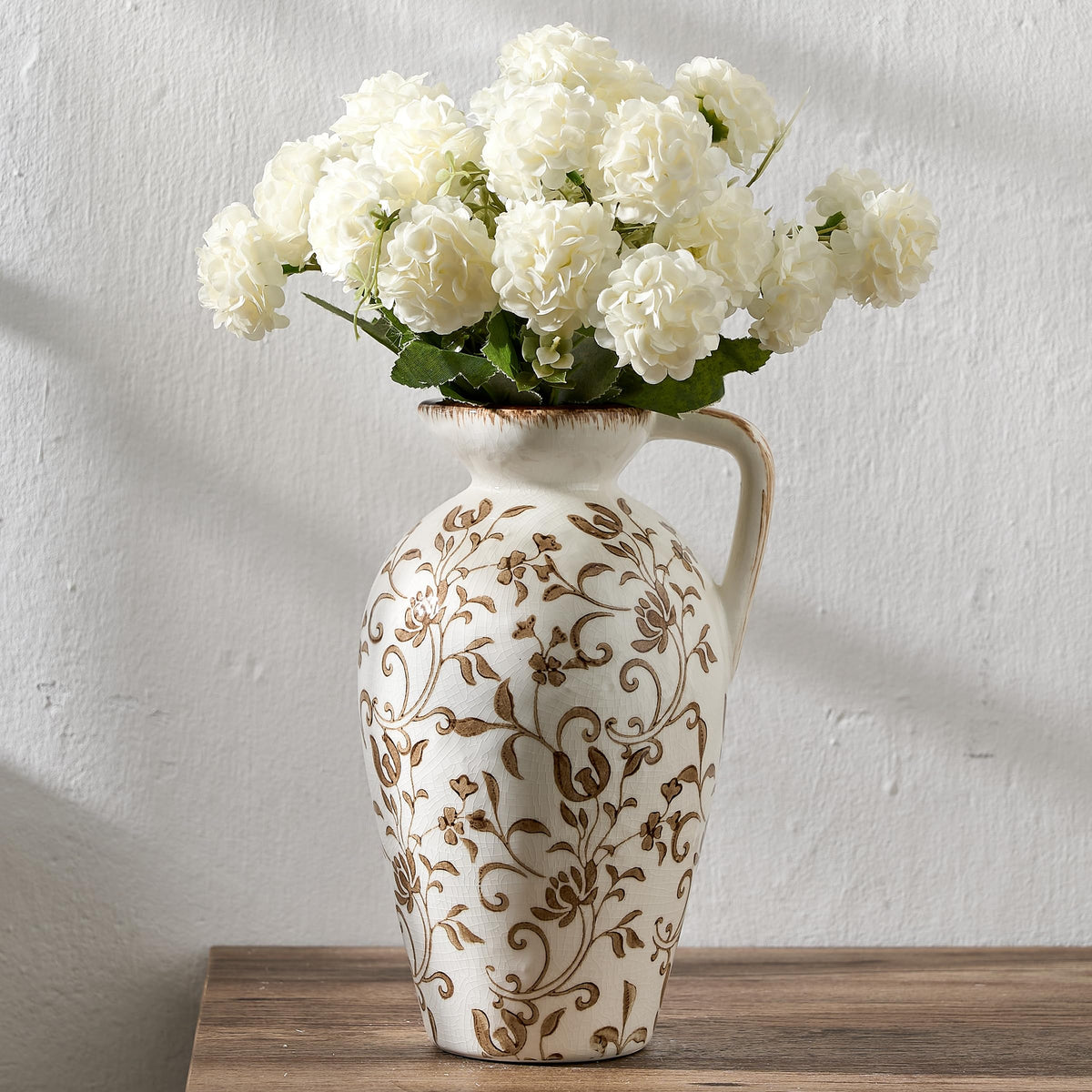 5.39 Inch Vintage Brown Chinoiserie Floral Vase, Antique Rustic Ceramic Vase for Home Decor, Living Room, Bookshelf, Office, Entryway, Garden, Chinoiserie Decor, Tuscan Decor