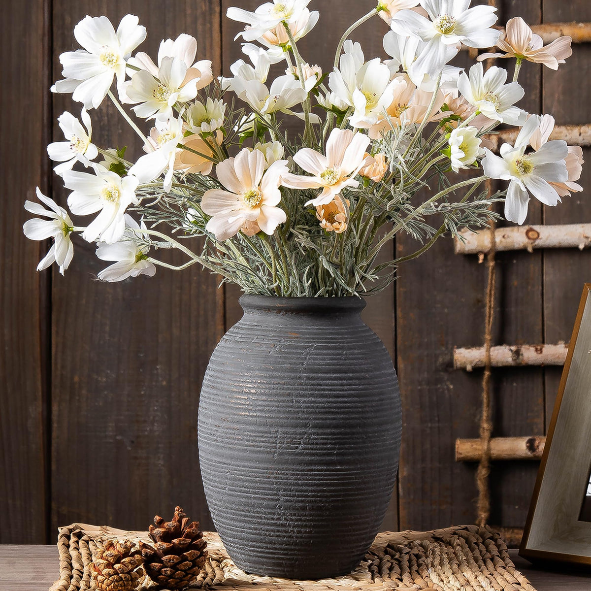 Ceramic Flower Vase, 7.4 Inch Rustic Farmhouse Pottery Decor